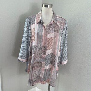 Rose + Olive Womens Plus 1X Blouse Pink Black Geometric 3/4 Sleeve Shirt Top